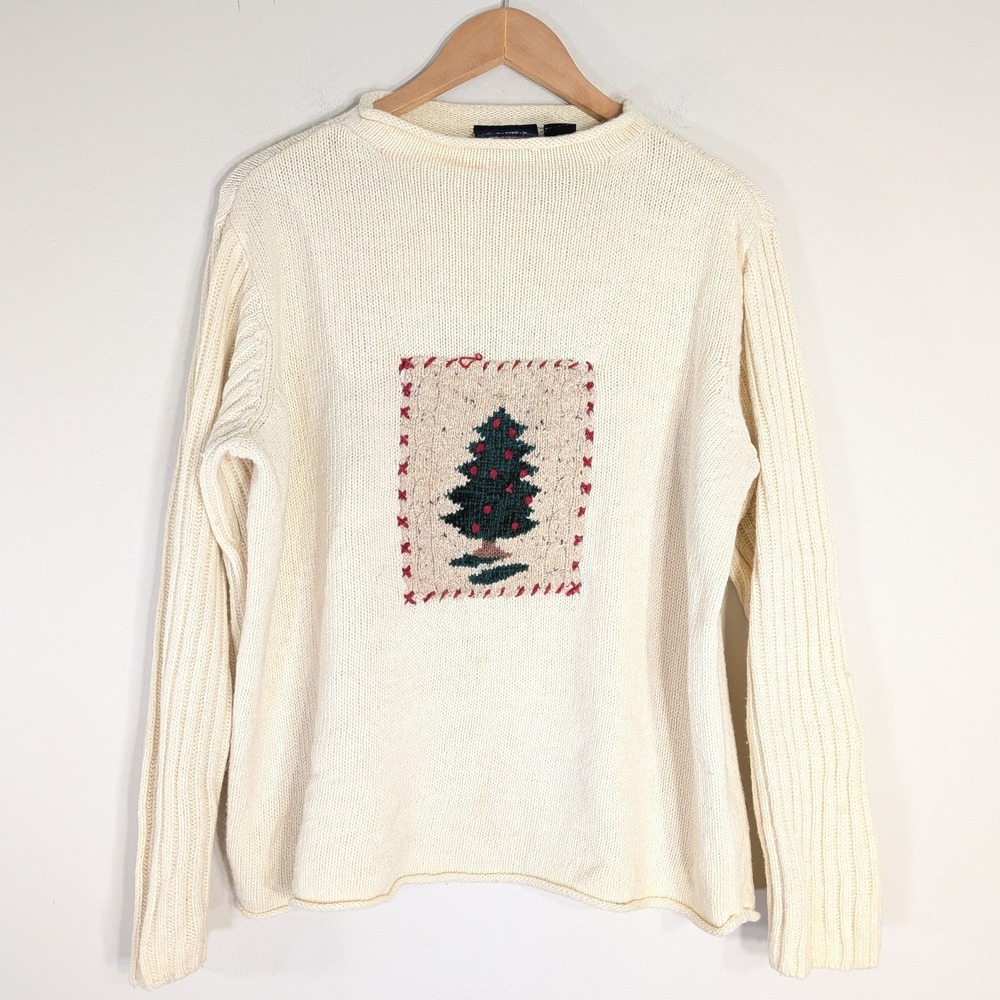 Vintage Christmas Tree Sweater; Petite XL Ramie Blend Knit